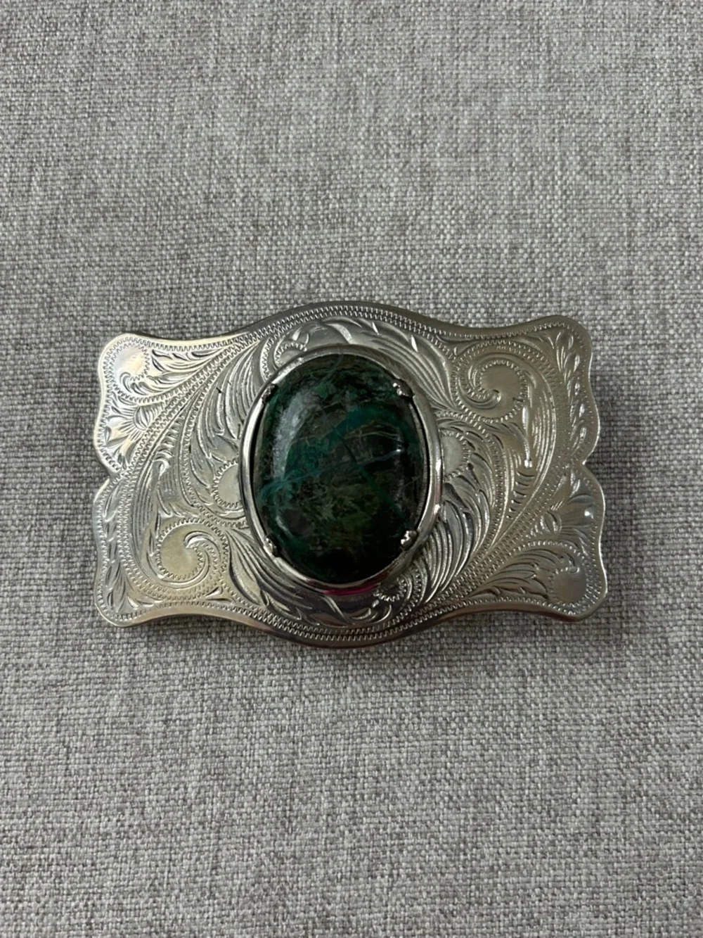 Engraved Silver Belt Buckle with Dark Green Stone southwestern cowboy